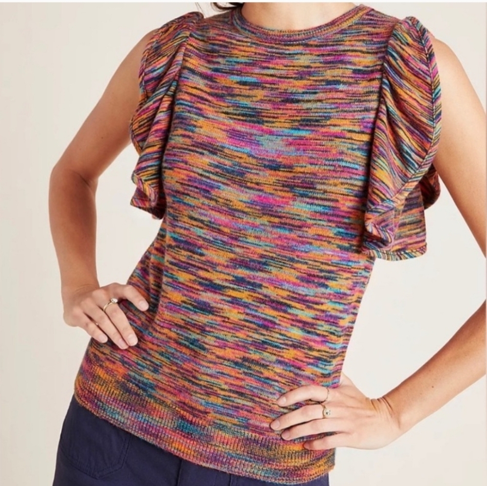 Anthropologie Ruby Flutter Sleeve Mulitocolor Knit Sweater Top Size S